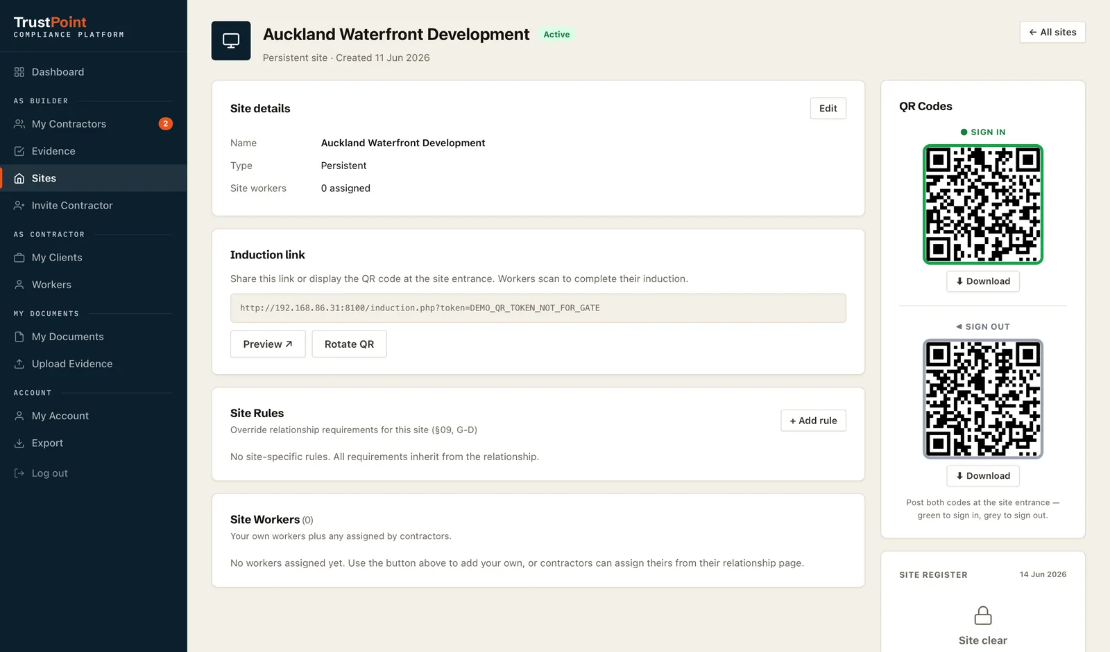 Site detail with sign-in and sign-out QR codes